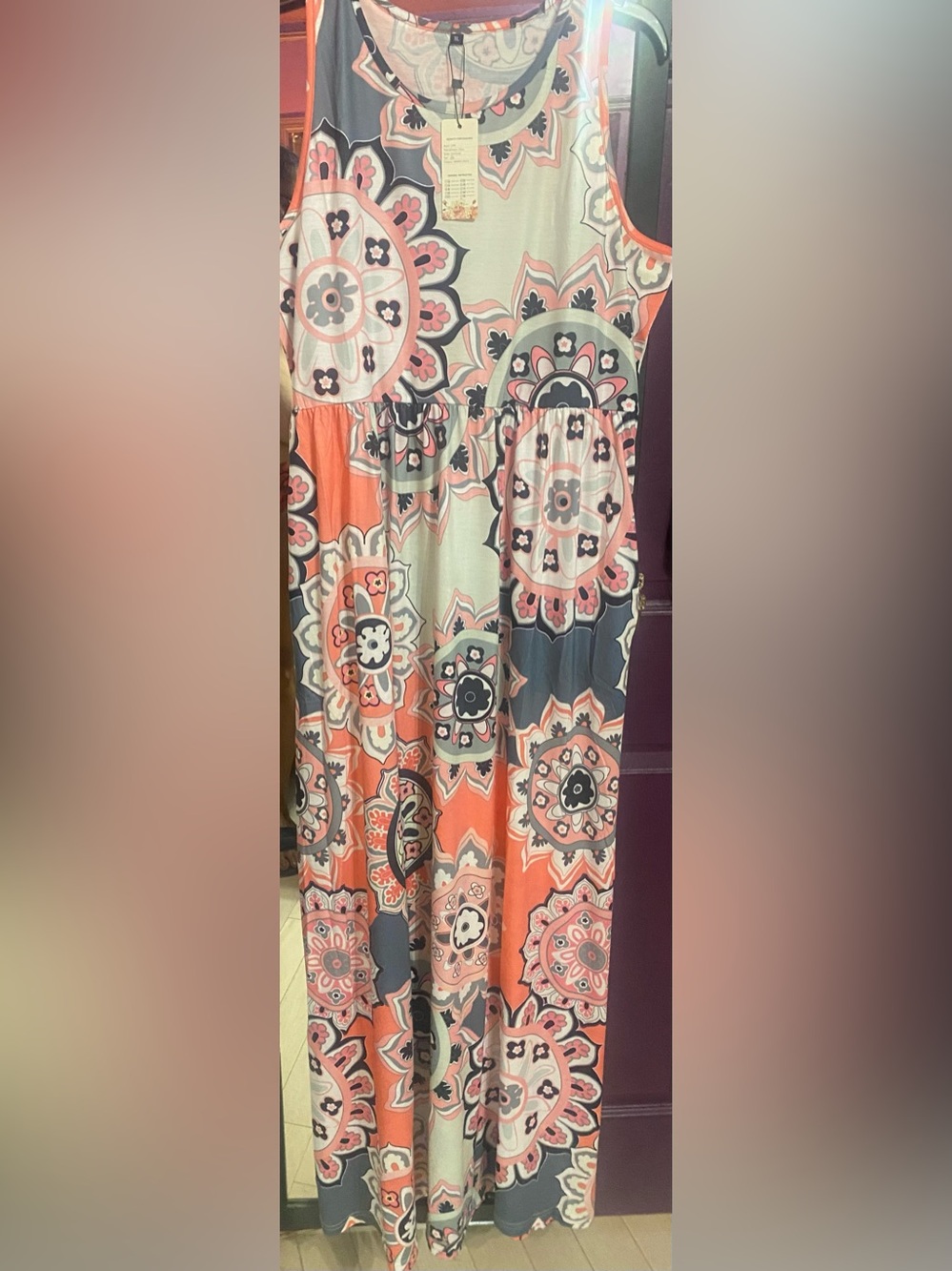 Sleeveless Floral Medallion Maxi Dress with Pockets in Coral Pink & Light Gray